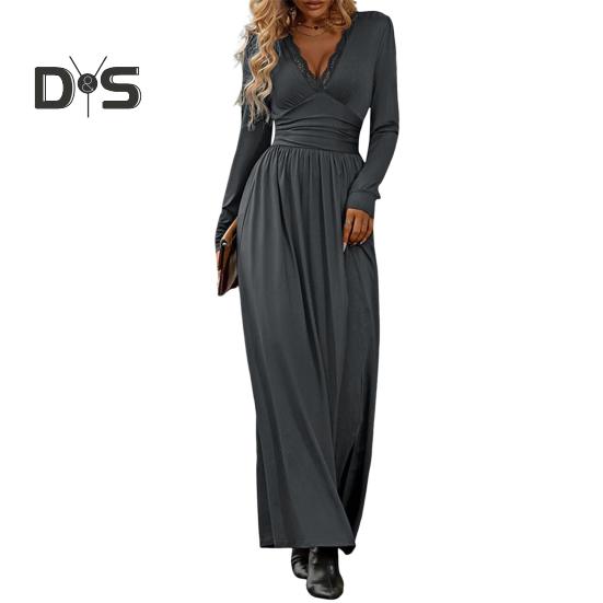 Fall Spring Dress Lace V Neck Long Sleeves Pleated Split Hem Pure Color A-line Big Hem Slim Fit Full Length Commuting Dating Maxi Dress