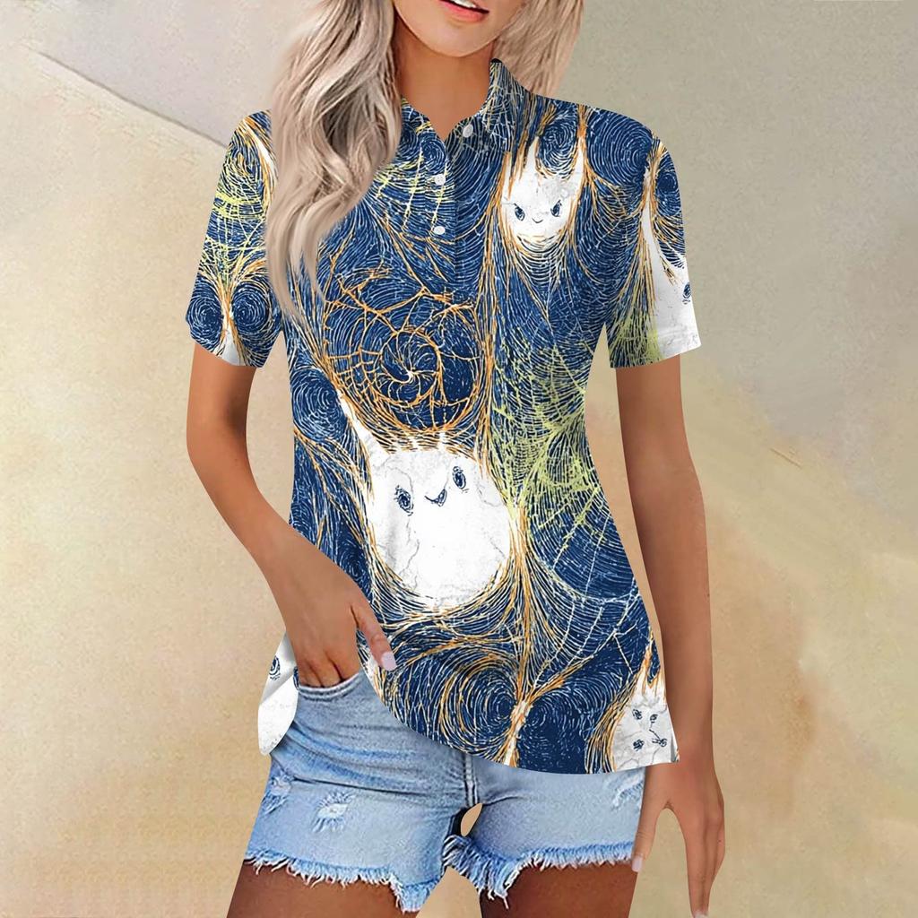Women's Fashion Casual Lapel Short Sleeve Printed Shirt Women's Button Up Tops