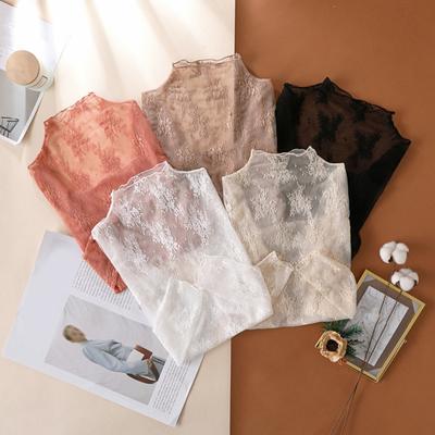 Women Lace Shirt Half High Collar Long Sleeve See-through Embroidery Lace Flower Pattern