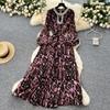 Schickes Vintage Sexy Langarm Leopard A-Linien Kleid Mode koreanische Mode Schlank Sommer Elegant Robe Kleider