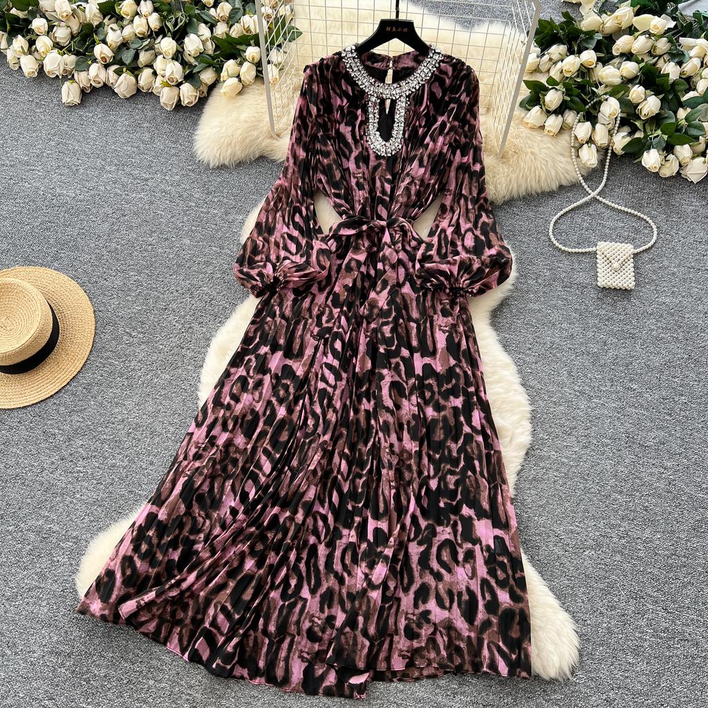 Szykowna vintage seksowna sukienka z długim rękawem w panterkę w kształcie litery A Moda moda koreańska Wyszczuplająca letnia Eleganckie sukienki