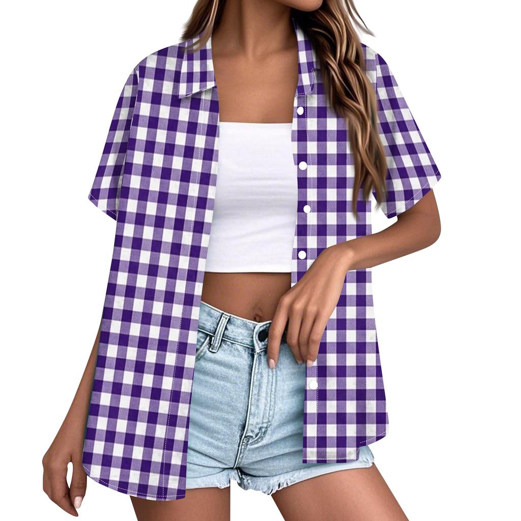 Women's Short Sleeve Button Down Shirt Loose Fit Casual Collared Blouse Summer Top