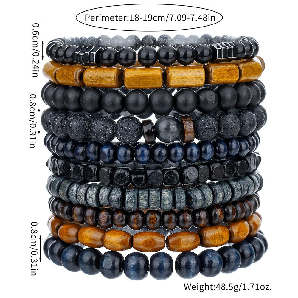 Vintage Wooden Bead Lava Stone Mens Bracelets With Elastic Band For Travel Gift