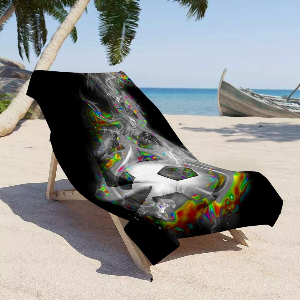 Dynamic Sports Beach Towel, Black Background Glitch Flame Soccer Ball Print Bath Towel, Stylish Soccer Fan Beach Blanket 1pcs