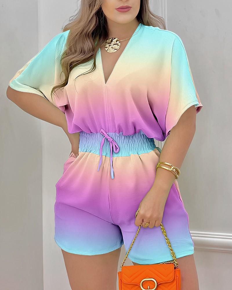 2023 Summer Women's Short-Sleeve V-Neck Tie-Up Jumpsuit
