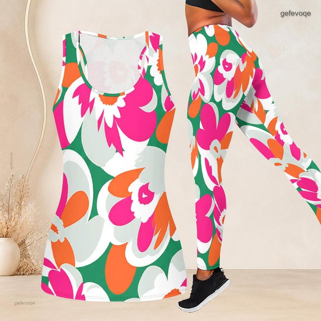 Women Plus Size Two Piece Set Scoop Neck Sleeveless Floral Printed Longline Tank Top Fitted Leggings