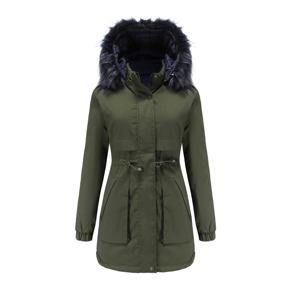 Women Winter Reversible Solid Color Long Sleeve Drawstring Fur Collar Removable Hat Quilted Parka M-3XL