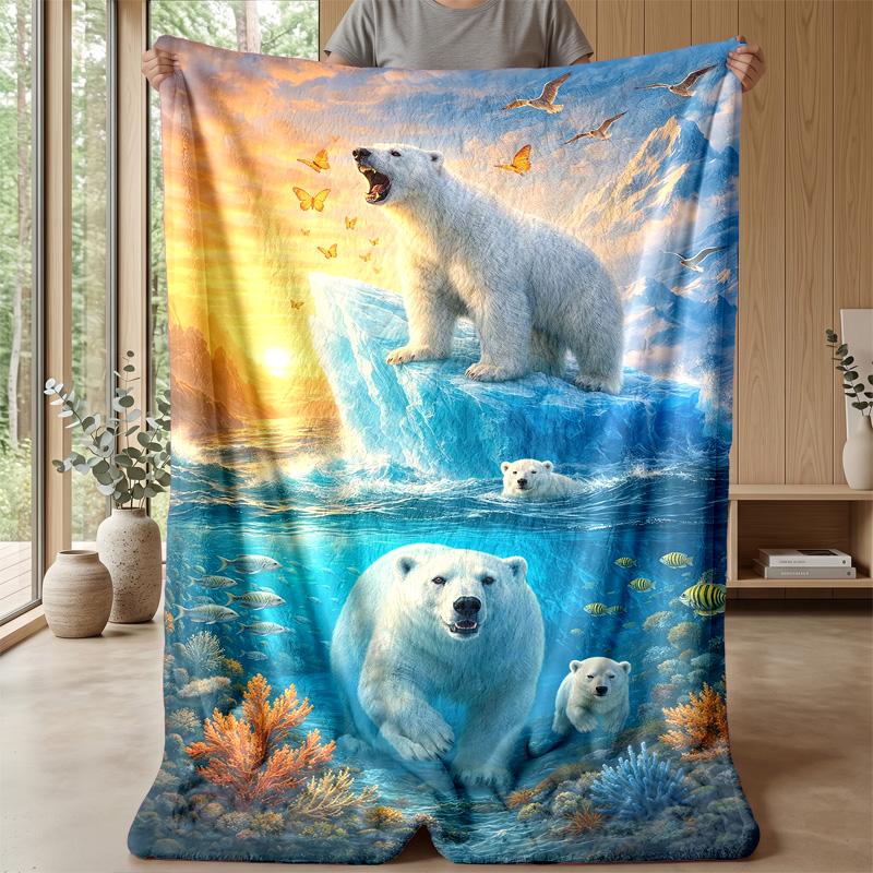 Polar Bears Playing with Feathers Theme blanket Lightweight Warm Flannel Blanket Decorative Throw Blanket for Home Decoration