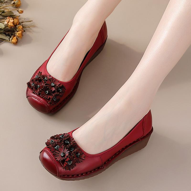 Fashion Handmade Vintage Wedged Shoes for Mature Ladies Genuine Leather Ballet Flats Woman Slip On Easy Fit Shoes Elderly Woman Moccasin