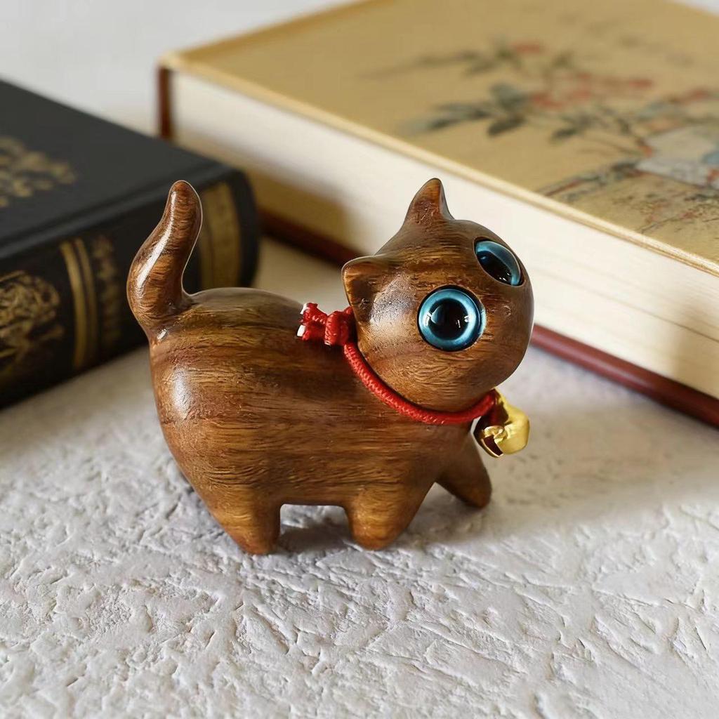 Ebony Green Sandalwood Cat Desktop Ornament with Keychain Phone Charm