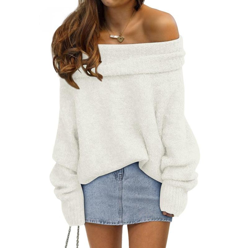 

2025 New Autumn and Winter Loose Bat Sleeve Solid Color Pullover Off-shoulder Casual Knitted Sweater for Women S белый