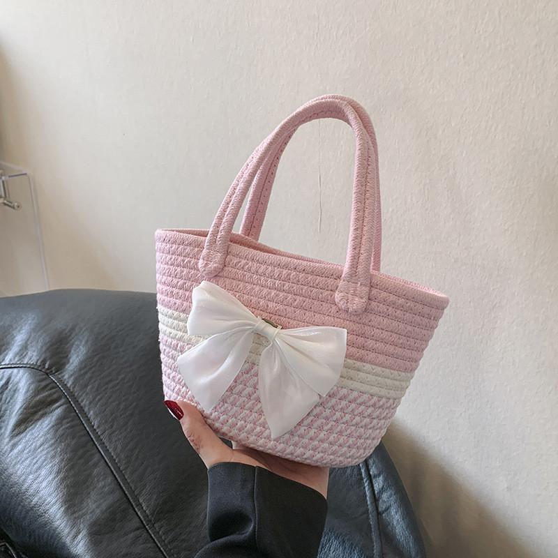 Chic Summer Woven Bucket Bag For Women In Bowknot Pink Gray And Khaki Stylish Colors