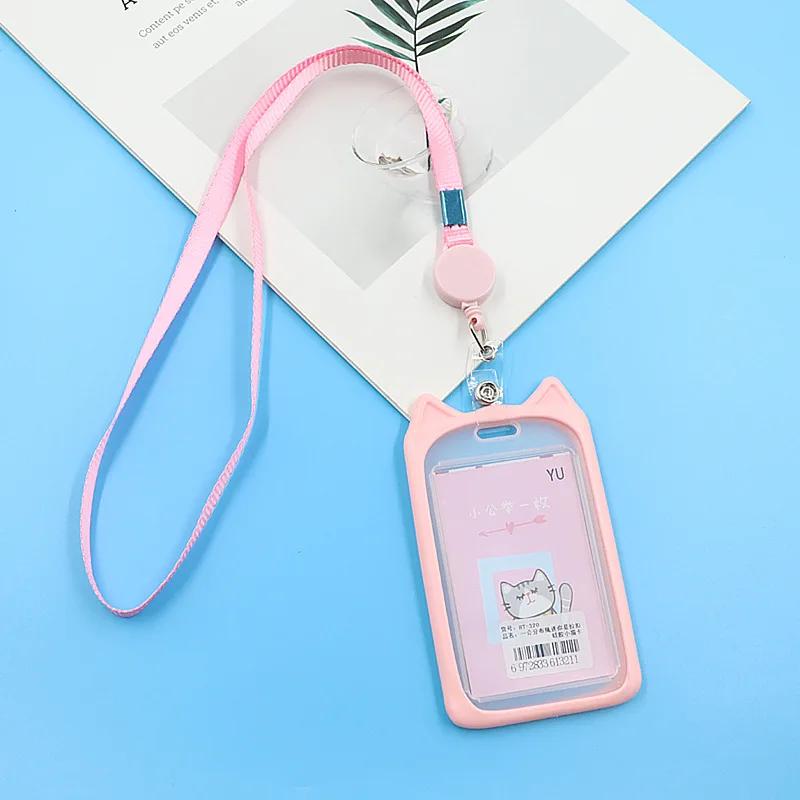 

Women Cute Cartoon Cat Ear Kawaii Bank Bus ID Card Holder Wallet Pink Card Cover Case Credit with 40cm Retractable Reel Lanyard