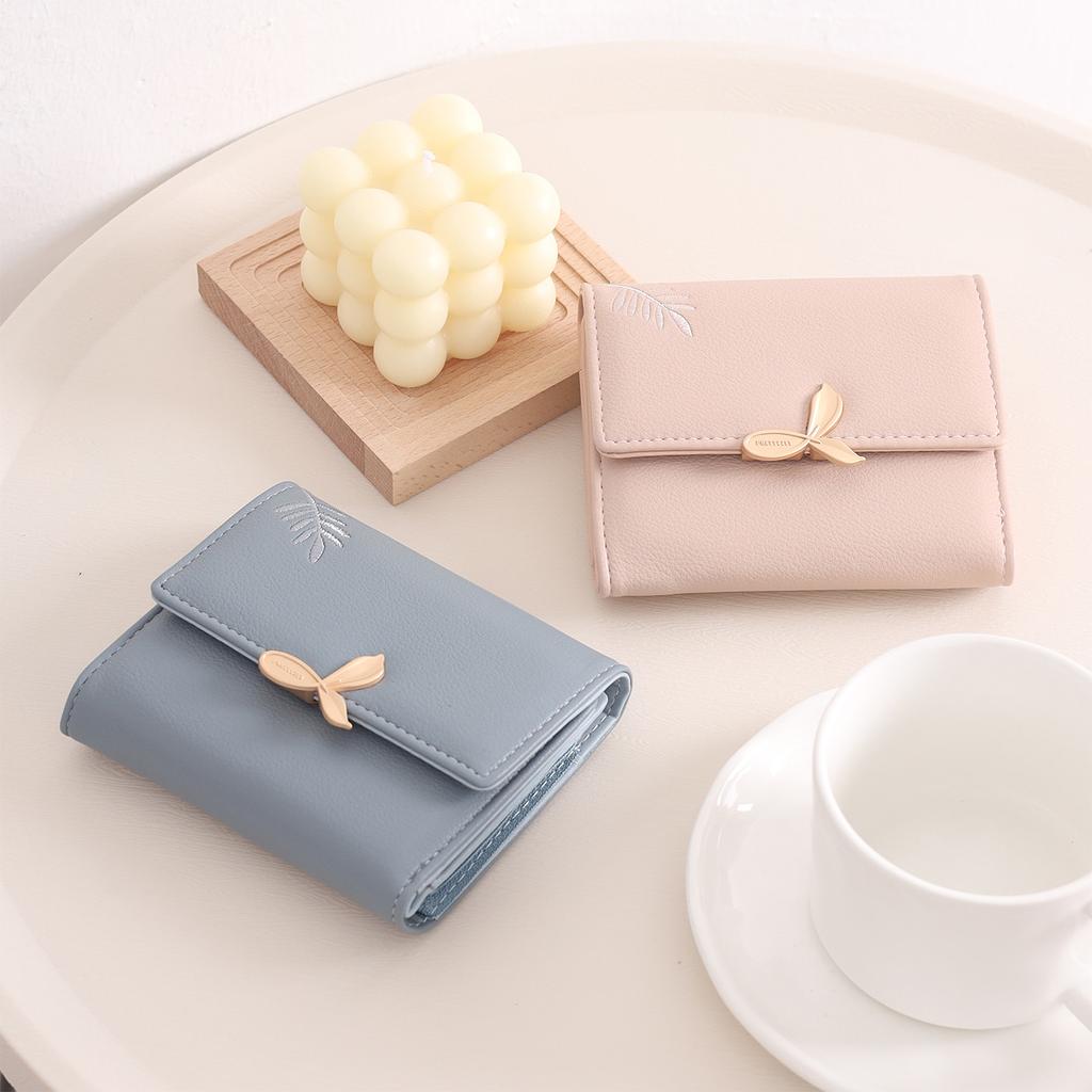 Ladies' Short Leaf Wallet, Embroidered Flower Wallet, Zipper Coin Student Multi functional Change Card Bag