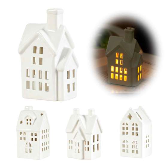 Ceramic House Decor Shape Candle Holder, White Hollow Tea Light Holder Durable Craft Gift Ornament, Artistic Miniature Figurine for Christmas