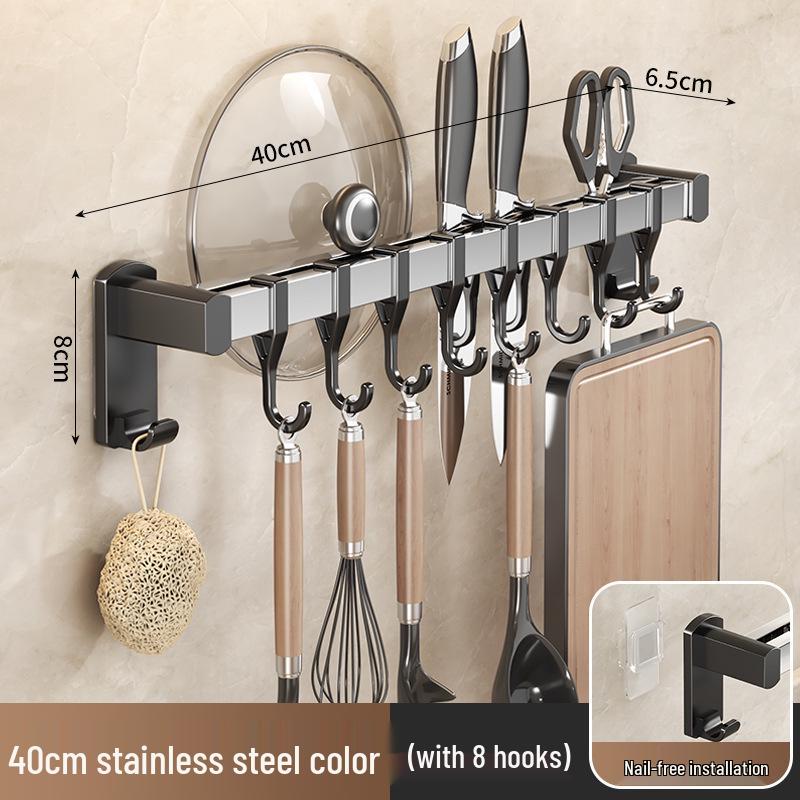 Black Traceless Adhesive Kitchen Storage Rack: Punch-Free Wall-Mounted Pot Lid, Knife Holder, Multi-Functional Hooks