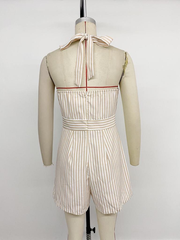 2026 Spring/Summer Striped Sleeveless Halter Jumpsuit - European and American Style, Backless, Casual, Short