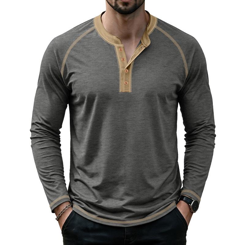 Men's Henley Long Sleeve T Shirt Raglan Color Contrast Stitching Button Placket Solid Casual Pullover Tops Spring Autumn Daily Tees
