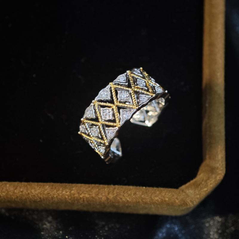Italian Cloth Lace Brushed Silk Craft Court Style Diamond Set Ring Women'S Weave Pattern Carved Gold Diamond Ring Ring