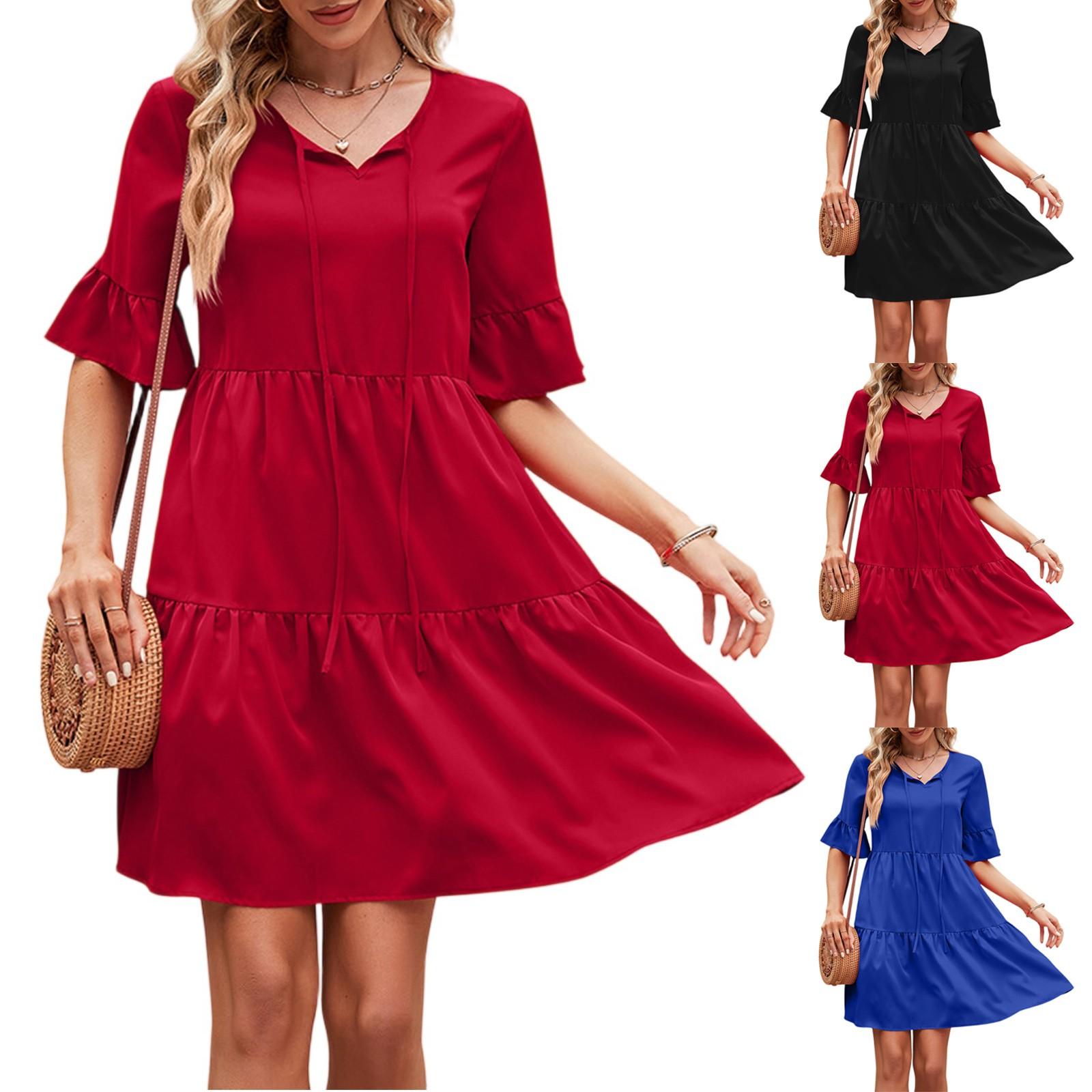 

Women s Fashionable And Casual Flared Sleeve V-neck Solid Color Loose Dress XL чорний