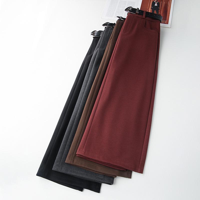 Women's 2024 Khaki Wool Midi Skirt: New Autumn/Winter Straight-Cut, Mid-Length Slit, Bodycon Design.