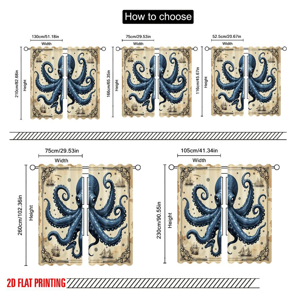 2pcs,2D Plane Printing Print Curtains Nautical Kraken Versatile Fabric (without Rod) All Seasons Use for Living Room, Office,