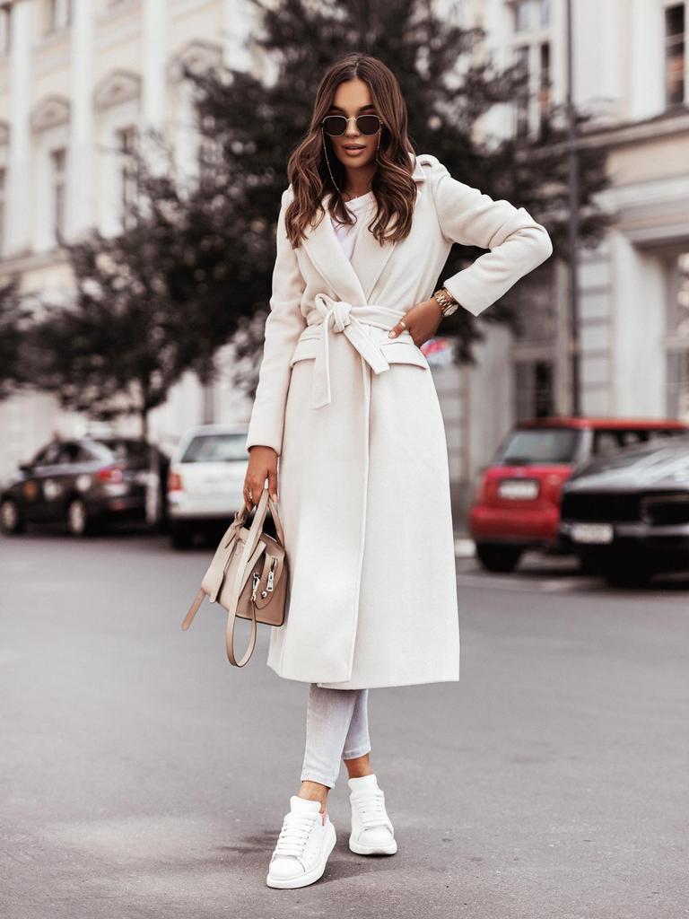 Women's Autumn/Winter V-Neck Tie-Up Woolen Coat with Long Sleeves