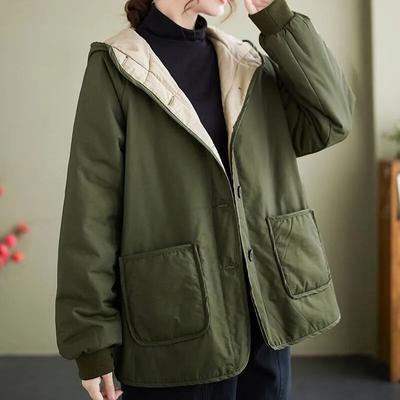 Hooded Casual Single Breasted Cotton Clothing  Autumn Winter Woman Loose Pocket Splicing Cotton Clothing