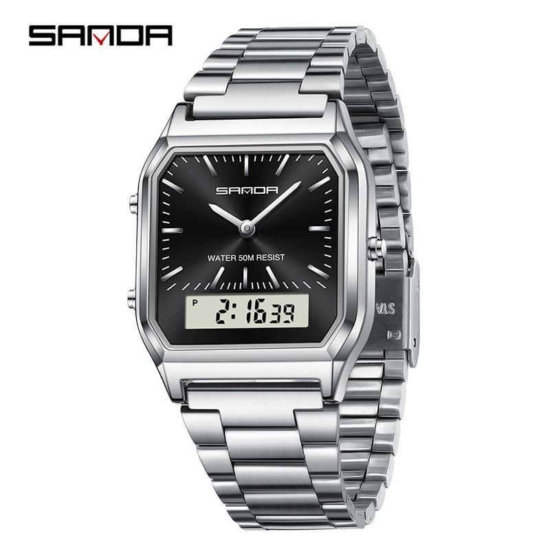 SANDA Neutral Dual Display Clock Waterproof Sports Quartz Watch Luxury Women's Stainless Steel Digital Electronic Watch