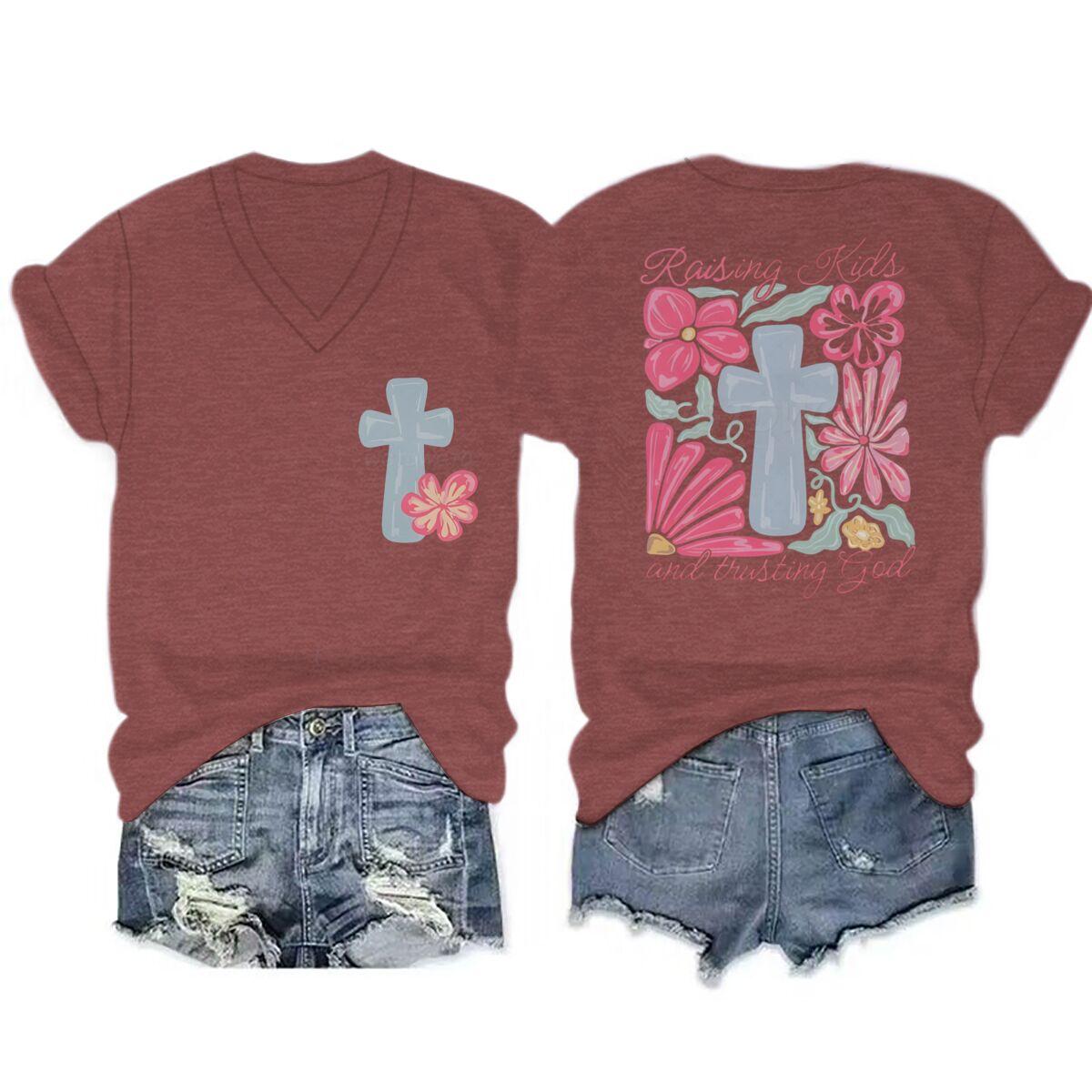 Religious Christian Faith Tshirts Short Sleeve Vneck Casual Tops Jesus Cross Flower Shirt Cross Faiths Casual Tshirt Women S