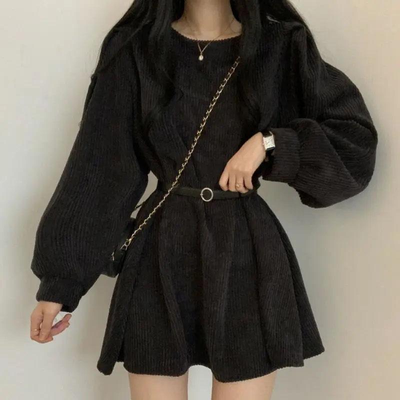 Corduroy Sashes Dresses Women Korean Preppy Puff Sleeves Casual A Line Mini Dress Harajuku Elegant All Match Solid Dress