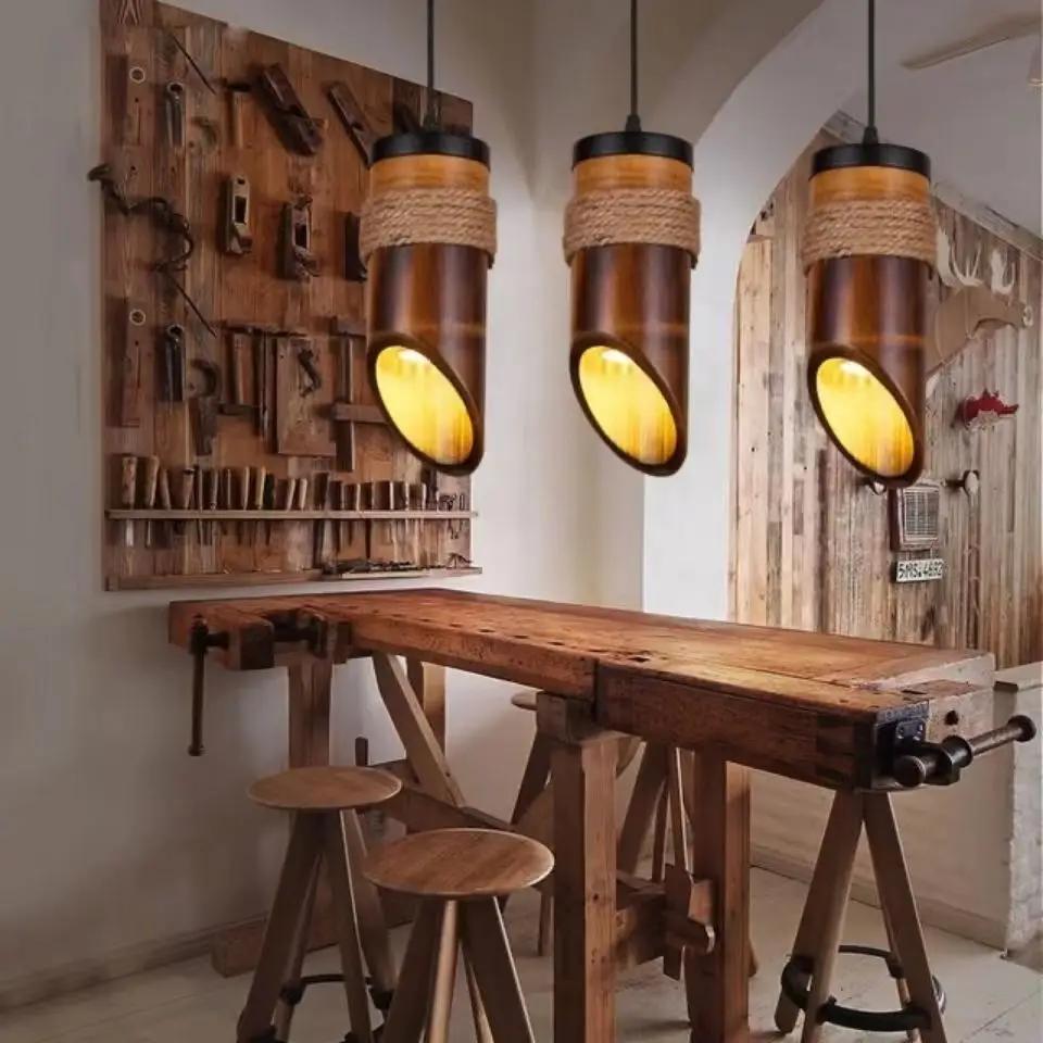 Nature Bamboo Tube Pendant Light New Chinese Style Hemp Rope Decoration Wooden Hanging Lamp for Dining Restaurant Homestay Hotel