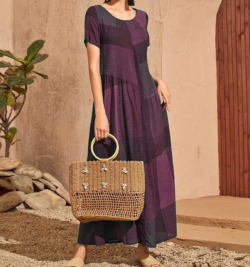

Summer new retro loose waist pocket long dress casual plaid print splicing women s dress 5XL