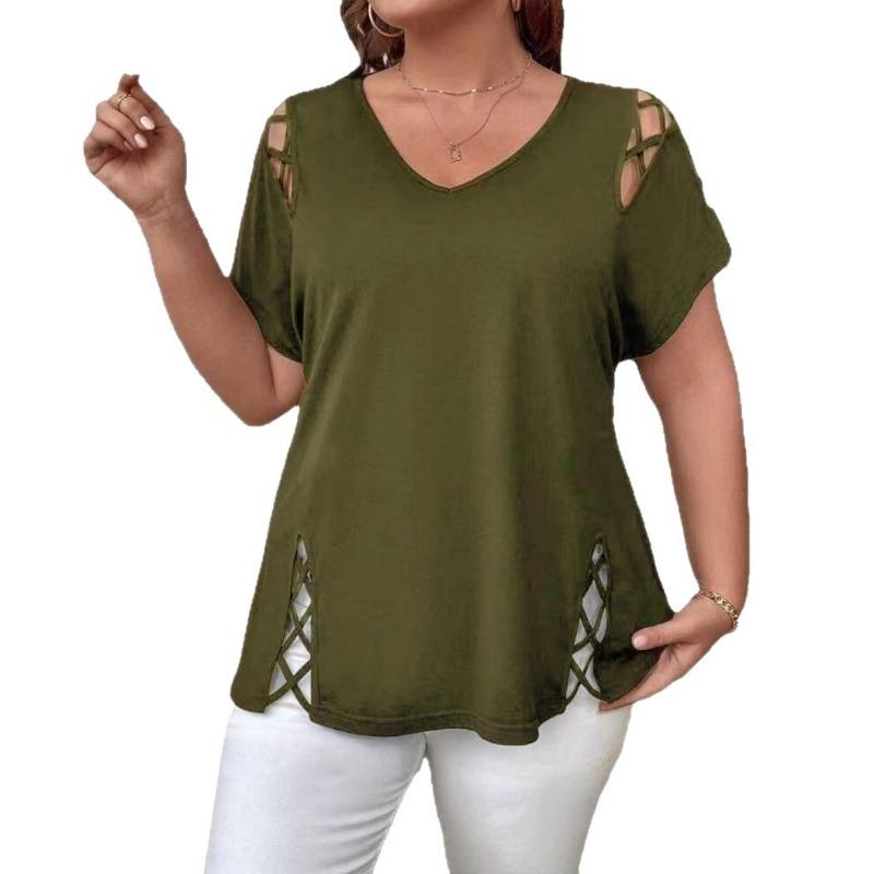 Women Plus Size Solid Cross Strap Short Sleeve T Shirt
