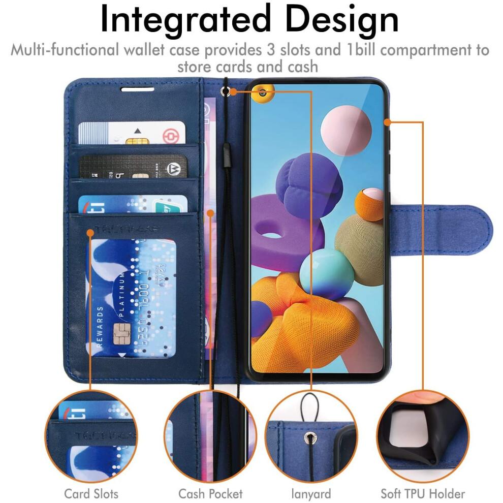 Étui portefeuille en cuir pour Galaxy A21s - Bleu marine, Coque à rabat avec 3 emplacements pour cartes + poche à billets, Support et dragonne, Fermeture magnétique