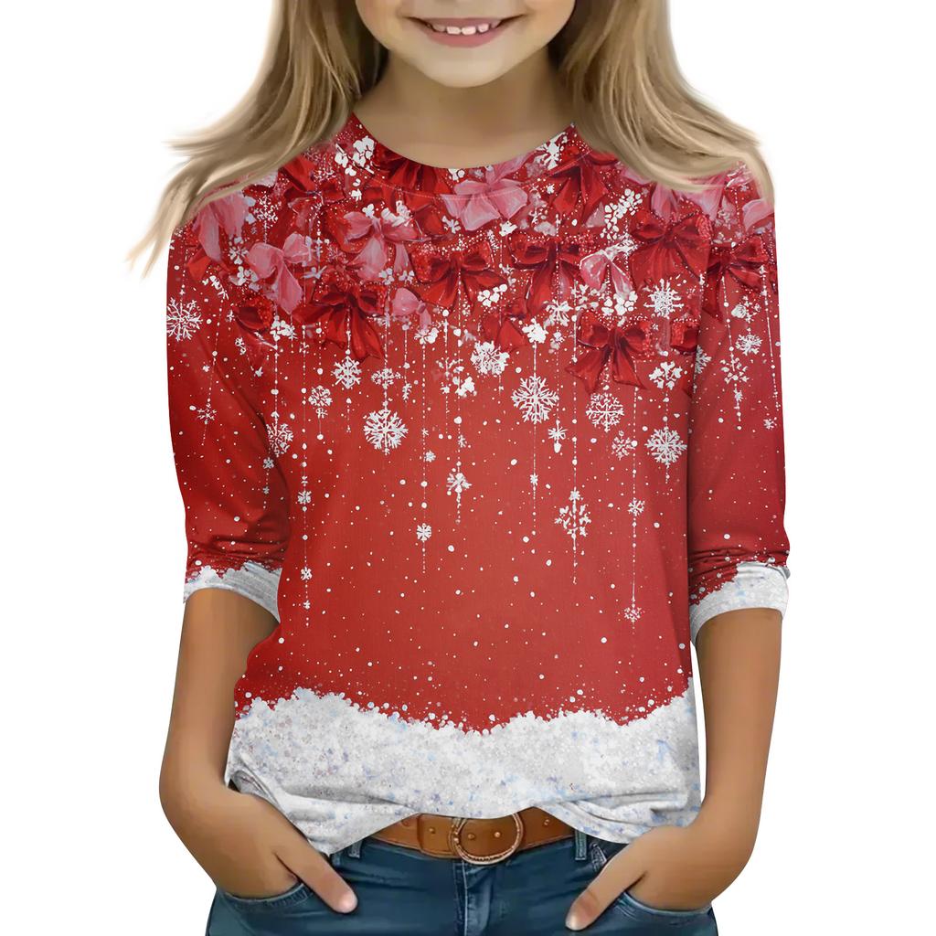 Christmas Day Print Tops For Youth Girls 4-11 Years Round Neck 3/4 Sleeves T-Shirts Trendy Tops Outfit Tees