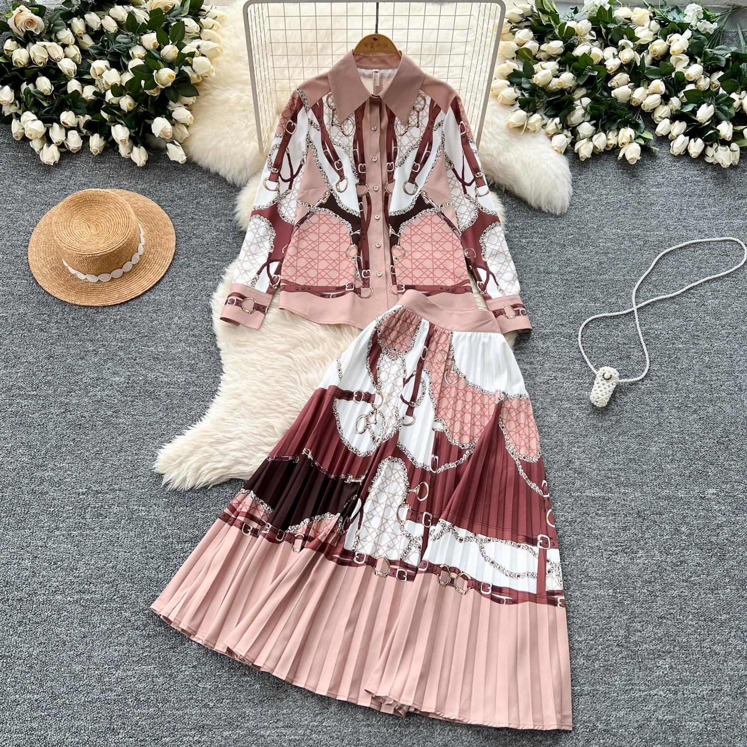 

Весна-лето Бренд Дизайнерский винтажный принт Подиумный комплект из 2 предметов Женская рубашка с лацканами + длинная юбка макси Костюмы для офиса и вечеринок 2XL