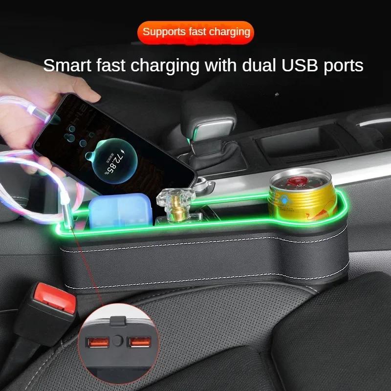 Nuova Scatola Portaoggetti per Fessure Auto con 2 Caricabatterie USB LED Colorato Tasca a Fessura per Fessura Sedile Organizzatore Sedile Porta Carte Telefono Bottiglia Porta Bicchieri