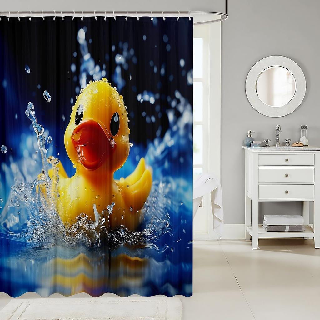 Yellow Rubber Duck Shower Curtain Set,Cute Swimming Duck Bathroom Decor for Kids,Kawaii Animal Bathroom Set Gifts for Pet Lovers