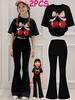 Set 2 piese pentru fete cu imprimeu grafic 3D, tricou cu mânecă scurtă și pantaloni evazați, set casual streetwear pentru copii