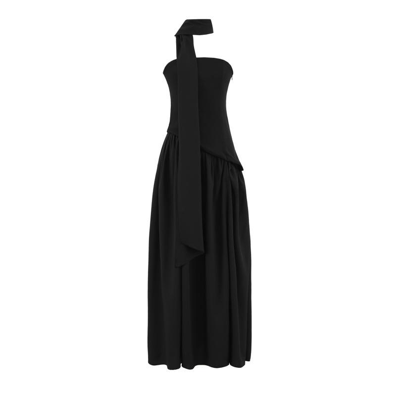 Women s One-Shoulder Sleeveless Cinched Waist Back-Tie Evening Gown Small чёрный