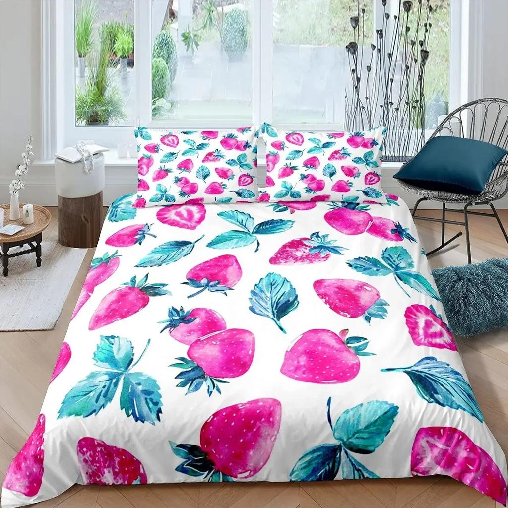 Sada povlaku na přikrývku Jahoda Dívka Velikost King Sada povlaku na přikrývku Červená Jahoda Ložní souprava Jídlo Ovoce Povlak na přikrývku pro děti Dárek