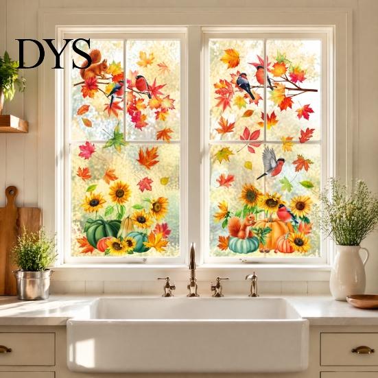 Decorative Autumnal Wall Murals Autumn Harvest Window Decals, Sunflower Maple Leaf Pumpkin Bird Static Cling Stickers, Reusable Party Supplies