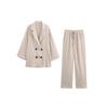 Women's Casual Crinkle Double-Breasted Blazer + High-Waisted Long Pants