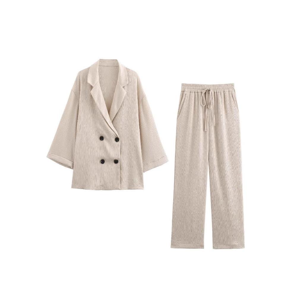 Women's Casual Crinkle Double-Breasted Blazer + High-Waisted Long Pants