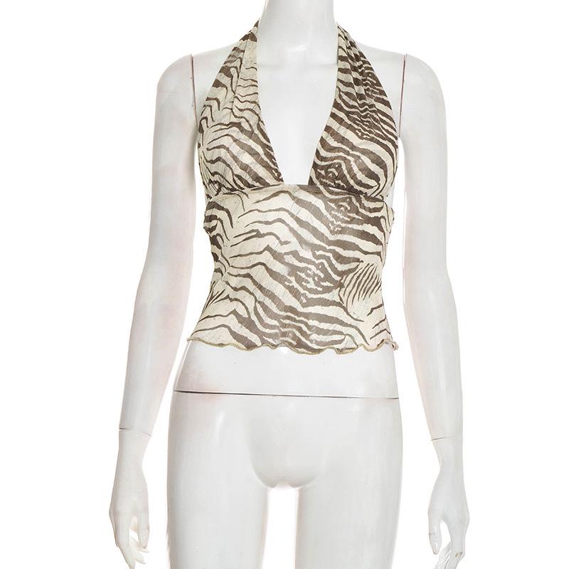 

J25TP476 Women’s Mesh Animal Print Halter Crop Top S