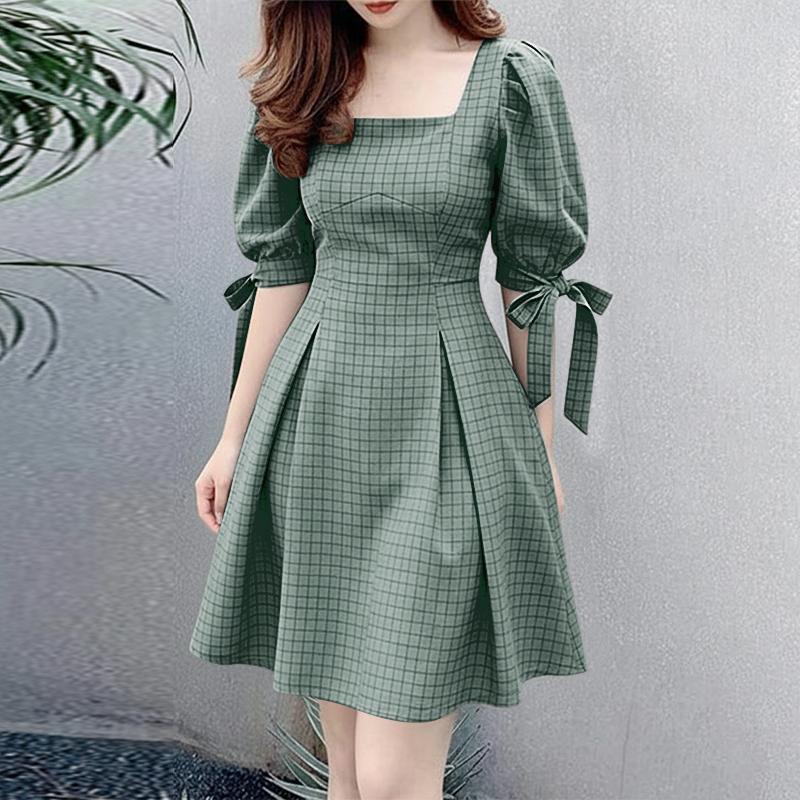ZANZEA Women Casual Square Collar Summer Half Sleeve Grid Print Dress S зелёный