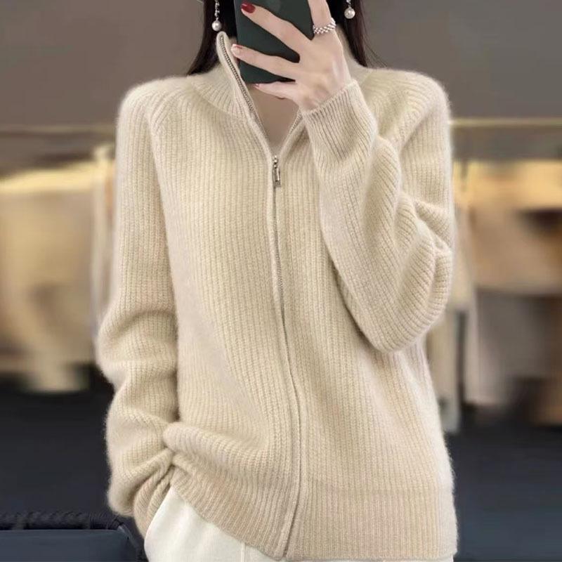 Dámský silný pletený kardigan na zip - Volný, ležérní styl, univerzální svetr z umělé vlny