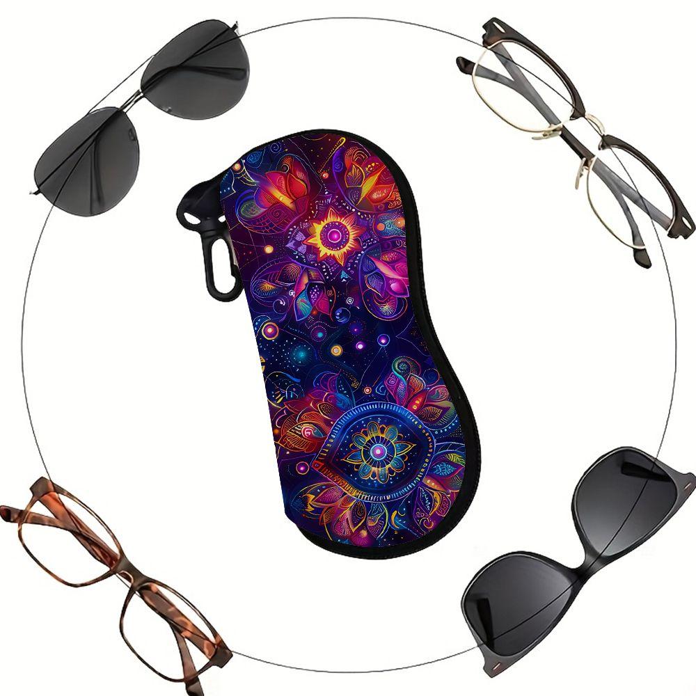 2D-Neon Mandala Floral Pattern Sunglasses Case, Protective Zipper Eyeglasses Pouch, Lightweight Portable Eyewear Container for Travel and Gift