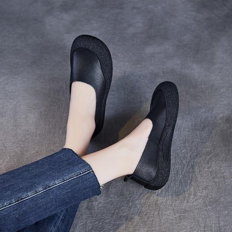 Johnature Retro Genuine Leather Shallow Flats Cowhide Comfortable Soft Soled Women's Slip-on Shoes
